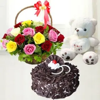 basket of 15 mix colour roses with black forest cake & 6 inch teddy bear