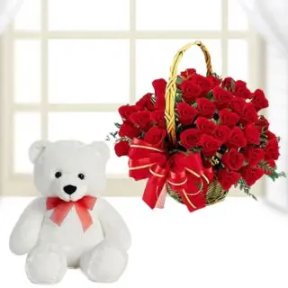 Basket of 30 red roses with 2 feet height white teddybear