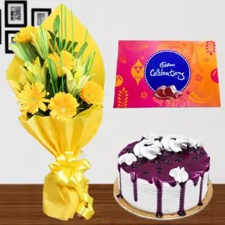 Bunch of yellow lilies&gerberas with blueberry fresh cream cake with box of celebration chocolates
