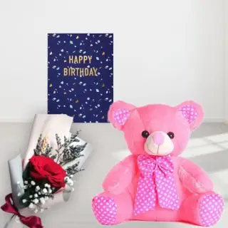 1.5 feet height teddy bear with single red rose and birthday greeting card 
