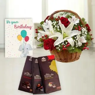 Basket of red roses with white lilies, set of 3 bournville chocolates, birthday greeting card 