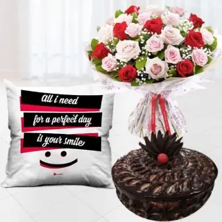 Bunch of 20 pink and red roses, photo cushion with half kg chocolate fudge cake 