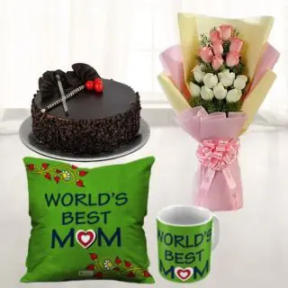 Bunch of 12 pink and white roses , half kg choco chips cake, photo mug with photo cushion 