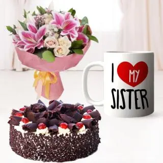 Half kg black forest cool cake, photo mug with bunch of  exotic mix flowers 