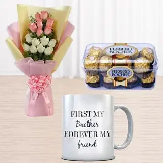 Bunch of 12 pink and white roses, 16 pc s of  Ferrero Rocher  chocolates with photo mug 