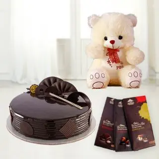  double chocolate cake with 6 inch teddybear with set of  3 bournville dark chocolates
