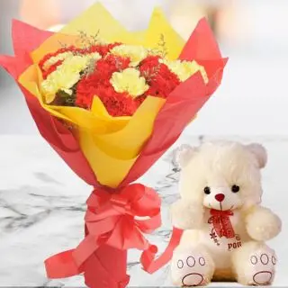 20 red and yellow carnations with 1 feet height teddybear