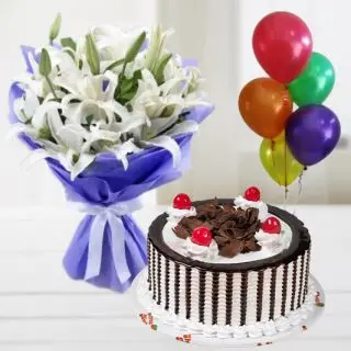 vanilla fresh cream cake with 12 white carnations with 5 blown balloons