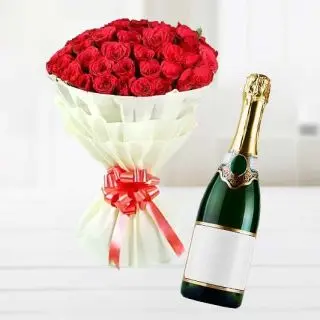 Bunch of 20 red roses with bottle of champegne 