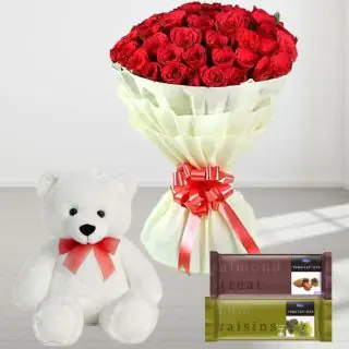  40 red roses hand bouquet with 6 inch teddy bear with set of 2 temptations chocolate