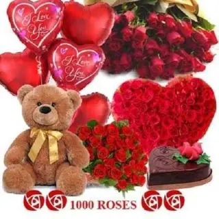 A grand bouquet of 1000 roses with 2 feet height teddy bear with 10 heart shape balloons with 1 kg chocolate truffle fresh cream cake