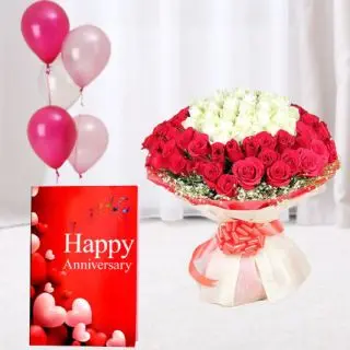 100 red and white roses bouquet,  5 blown balloons with anniversary card 