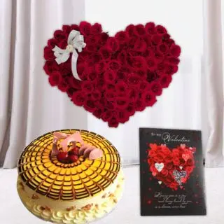 100 red roses heart shape arrangement,1 kg premium quality butterscotch cake, valentine Greeting card 