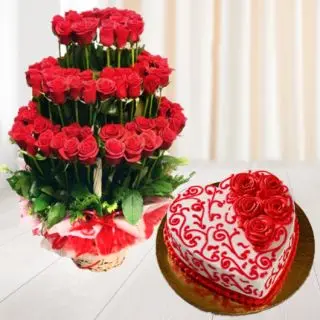 100 red roses step arrangement with heart shape red velvet designer cake 