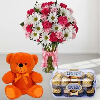  Vase arrangement of Mixed flowers with 6 inch teddy bear & 16 pcs ferrero rocher chocolate 