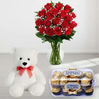 20 red roses in glass vase with 6 inch teddy bear with 16 pcs ferrero rocher chocolate 