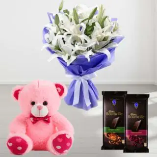  Bunch of 8 white lilies with cute 6 inch teddy bear & set of 2 bournville dark chocolates 