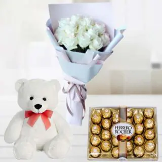 Bunch of 12 white roses with 6 inch teddy bear & 24 pcs ferrero rocher chocolate