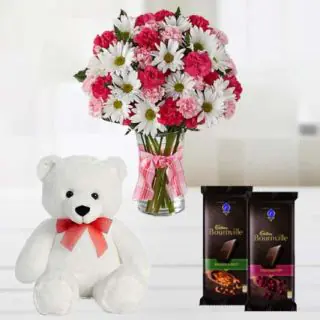 Beautiful Mix flowers arrangement in glass vase with 1 feet height teddy bear & set of 2 bournville chocolate