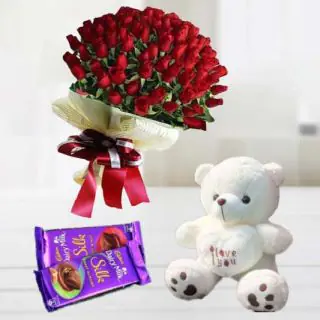 Bunch of 50 red roses with 1 feet height teddybear with set of 2 dairy milk silk chocolates 