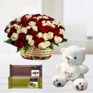 50 red and white roses basket arrangement with 6 inch teddybear with set of 2 temptations chocolates 