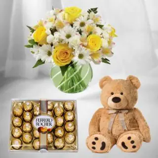  Mix flowers in glass vase with 6 inch teddy bear & 24 pcs ferrero rocher chocolate 