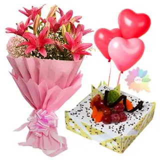 Bunch of 5 pink asiatic lilies with pineapple fresh cream cake with 3 heart shape balloons