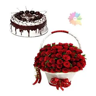Basket of 100 red roses with black forest cake fresh cream cake