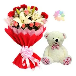 Bunch of Mix exotic flowers with 1  feet height teddy bear