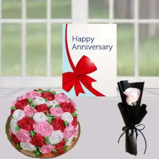 1 kg floral theme cake in vanilla flavour, single white rose, with anniversary greeting card