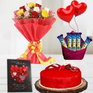 10 mix roses bunch,half kg red velvet cake, greeting card, 2 heart shape balloon, pack of 5 perks 