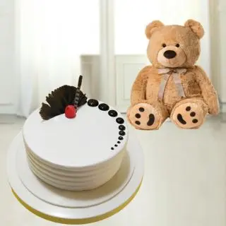 choco vanilla cake with 1 feet height teddy bear 