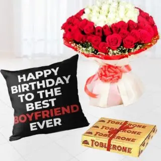 Beautiful hand bouquet of 50 red and white roses, photo cushion with set of 3 toblerone chocolates 