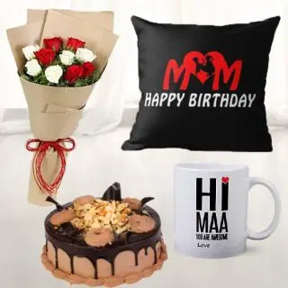 Half kg chocolate cake, bunch of 10 red and white roses, photo cushion with photo mug 