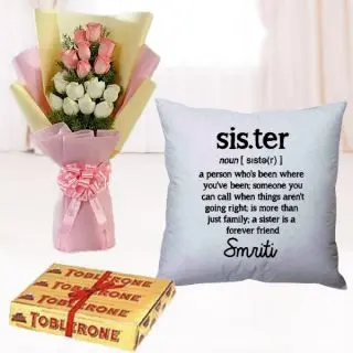 Bunch of 12 pink and white roses, photo cushion with set of 3 toblerone chocolates 