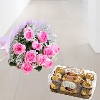 10 pink roses bouquet with 16 pcs rocher ferrero chocolates 