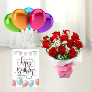 10 red roses bouquet, 5 bunch of mix color balloons with birthday card