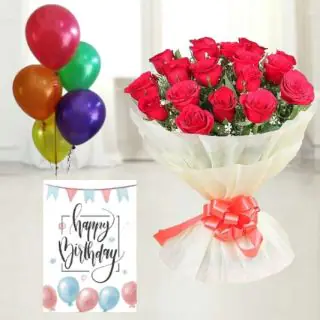 10 red roses bouquet, 5 bunch mix color balloons ,birthday card