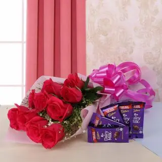 10 red roses with 4 Cadbury dairy milk 