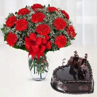 10 red roses in glass vase with chocolate truffle heart shape cake 