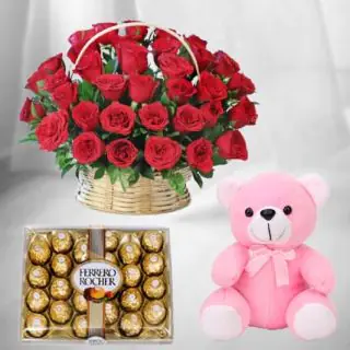 basket of 30 red roses with 1 feet height pink teddy bear with 24 pcs rocher ferrero chocolate box