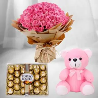 50 pink roses Bouquet with 1 feet height pink teddy bear with 24 pcs rocher ferrero chocolates
