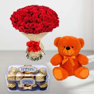  Bunch of 100 red roses with 16 pcs ferrero rocher chocolate & 1 feet height teddy 