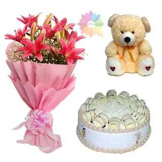 bunch of 5 pink asiatic lilies with choco vanilla cake with 6 inch height teddy bear 