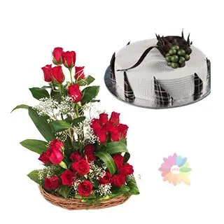 Basket arrangement of 20 red roses with vanilla cake