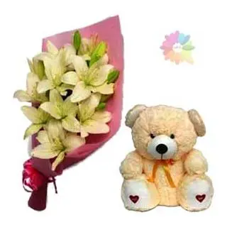 Bunch of 5 white asiatic  lilies with 1 feet height teddybear