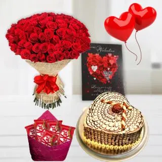 Beautiful Bunch of 50 red roses, 1 kg heart shape butterscotch cool cake, pack of 5 perk chocolates, 2 heart shape balloons with valentine card