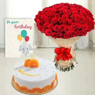 50 red roses bunch , orange cool cake birthday greeting card 