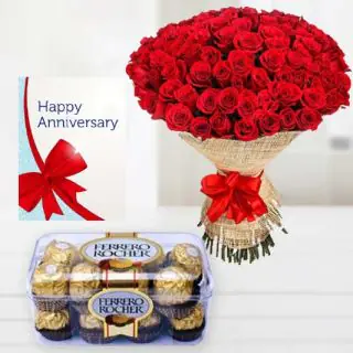 Beautiful Bunch of 50 red roses, 16 pcs rocher ferrero chocolates, anniversary greeting card  
