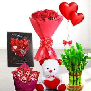 Bunch of 10 red carnations, Basket of 7 dairymilk silk, 2 Fivestar chocolates, 6 inch teddybear, 2 layer Lucky bamboo plant ,5 blown balloons with greeting card 
